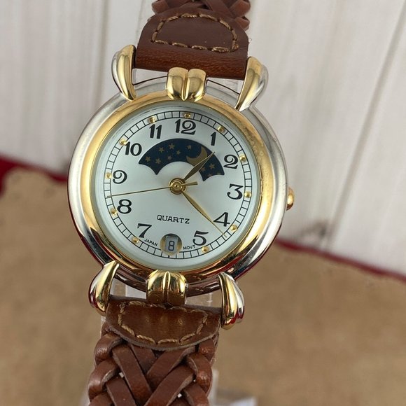 Vintage Advanced Moon Phase Watch Brown Braided Leather Strap - Picture 1 of 7